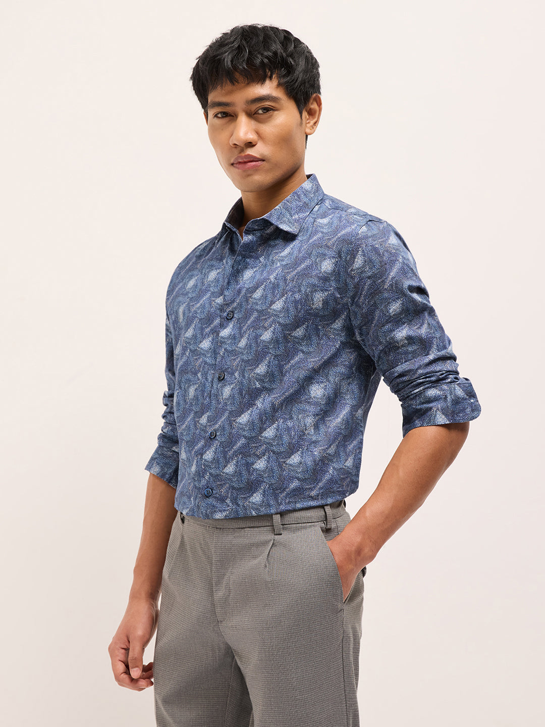 blue digital print tailored fit cotton formal shirt blue digital print tailored fit cotton formal shirt