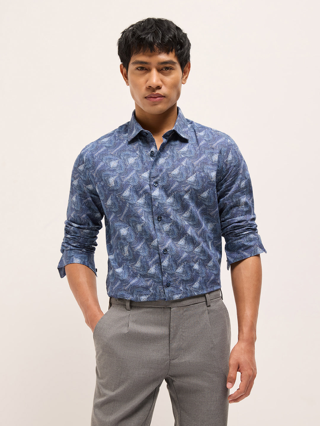 blue digital print tailored fit cotton formal shirt blue digital print tailored fit cotton formal shirt