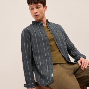 grey woven vertical stripes slim fit casual shirt