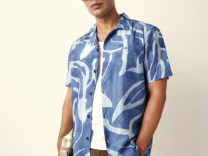 blue abstract free flowing stroke printed relaxed fit short sleeve shirt