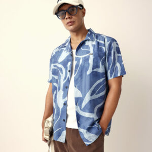 blue abstract free flowing stroke printed relaxed fit short sleeve shirt