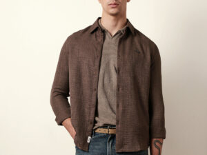 brown woven textured slim fit casual shirt