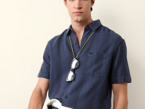blue relaxed fit casual half sleeve shirt with textured vertical stripes