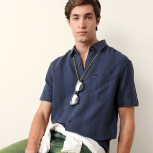 blue relaxed fit casual half sleeve shirt with textured vertical stripes