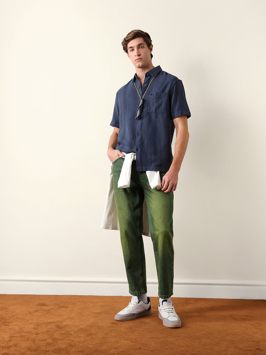 blue relaxed fit casual half sleeve shirt with textured vertical stripes blue relaxed fit casual half sleeve shirt with textured vertical stripes