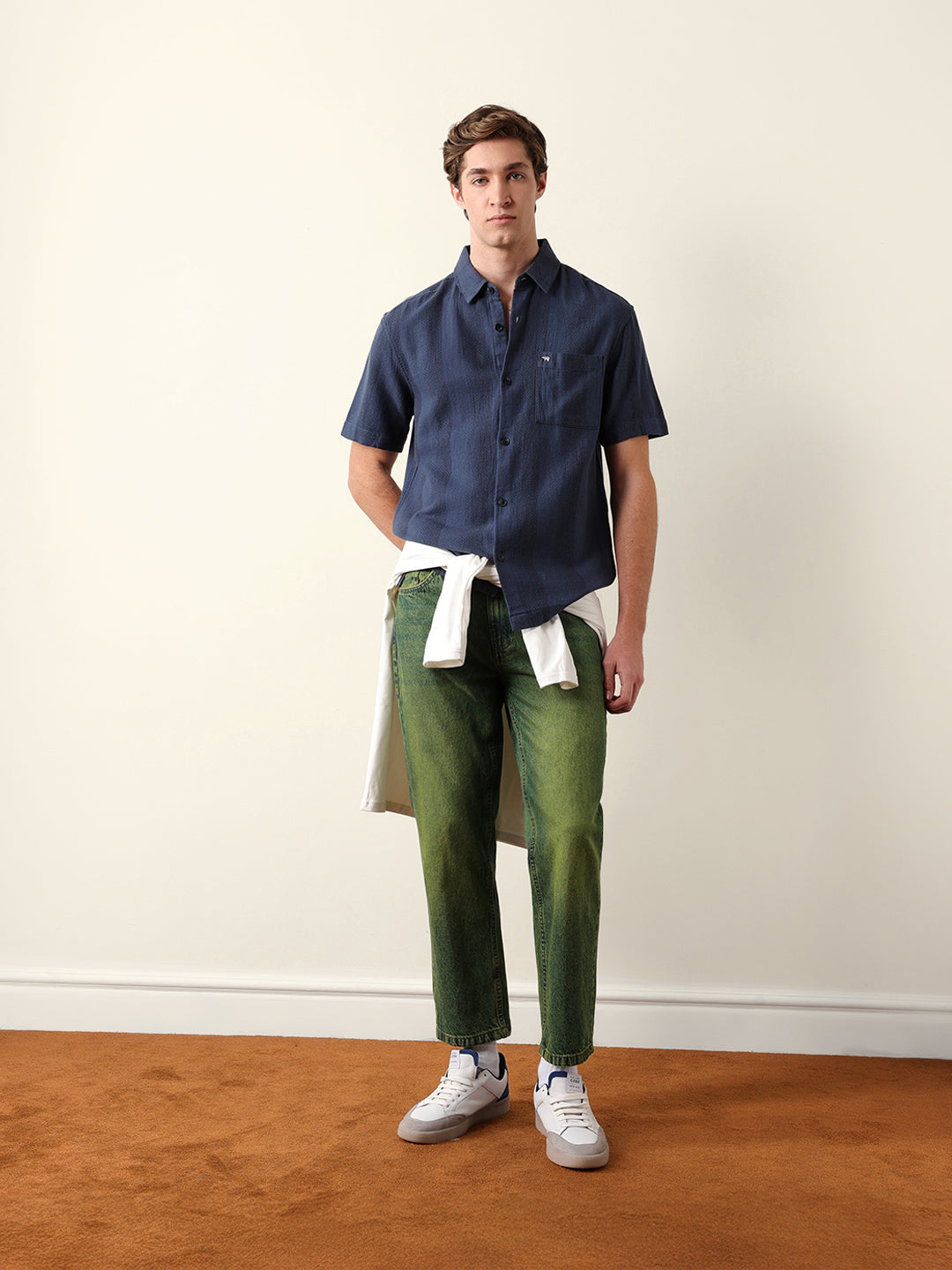 blue relaxed fit casual half sleeve shirt with textured vertical stripes blue relaxed fit casual half sleeve shirt with textured vertical stripes