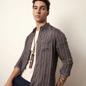 grey vertical seersucker pinstripe slim fit casual shirt