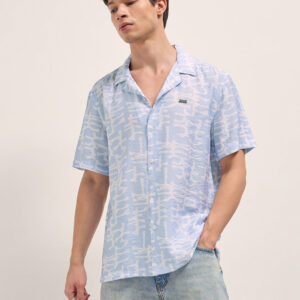 light blue abstract brush stroke print relaxed fit cuban collar shirt