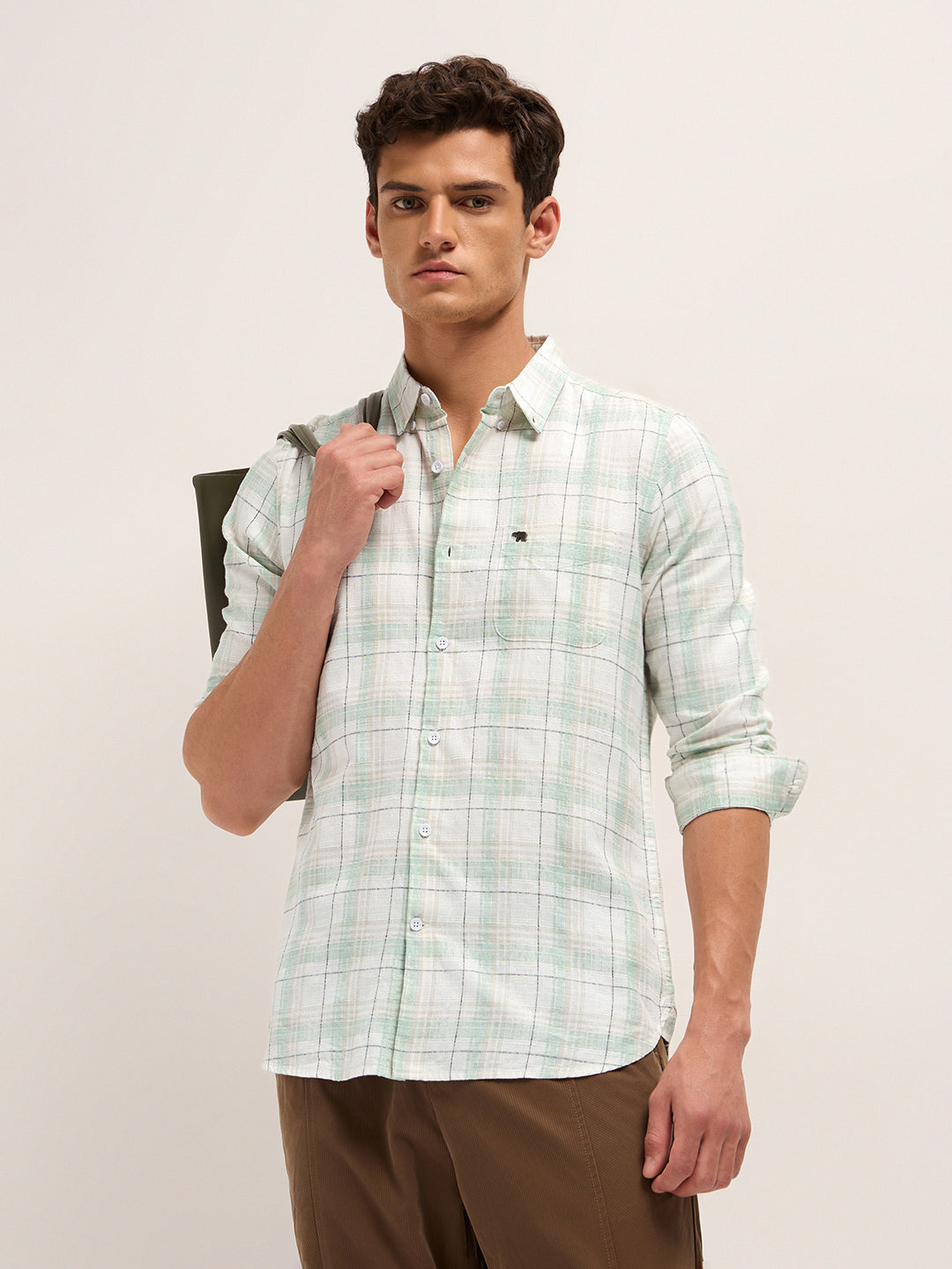 white & green woven check slim fit casual shirt white & green woven check slim fit casual shirt