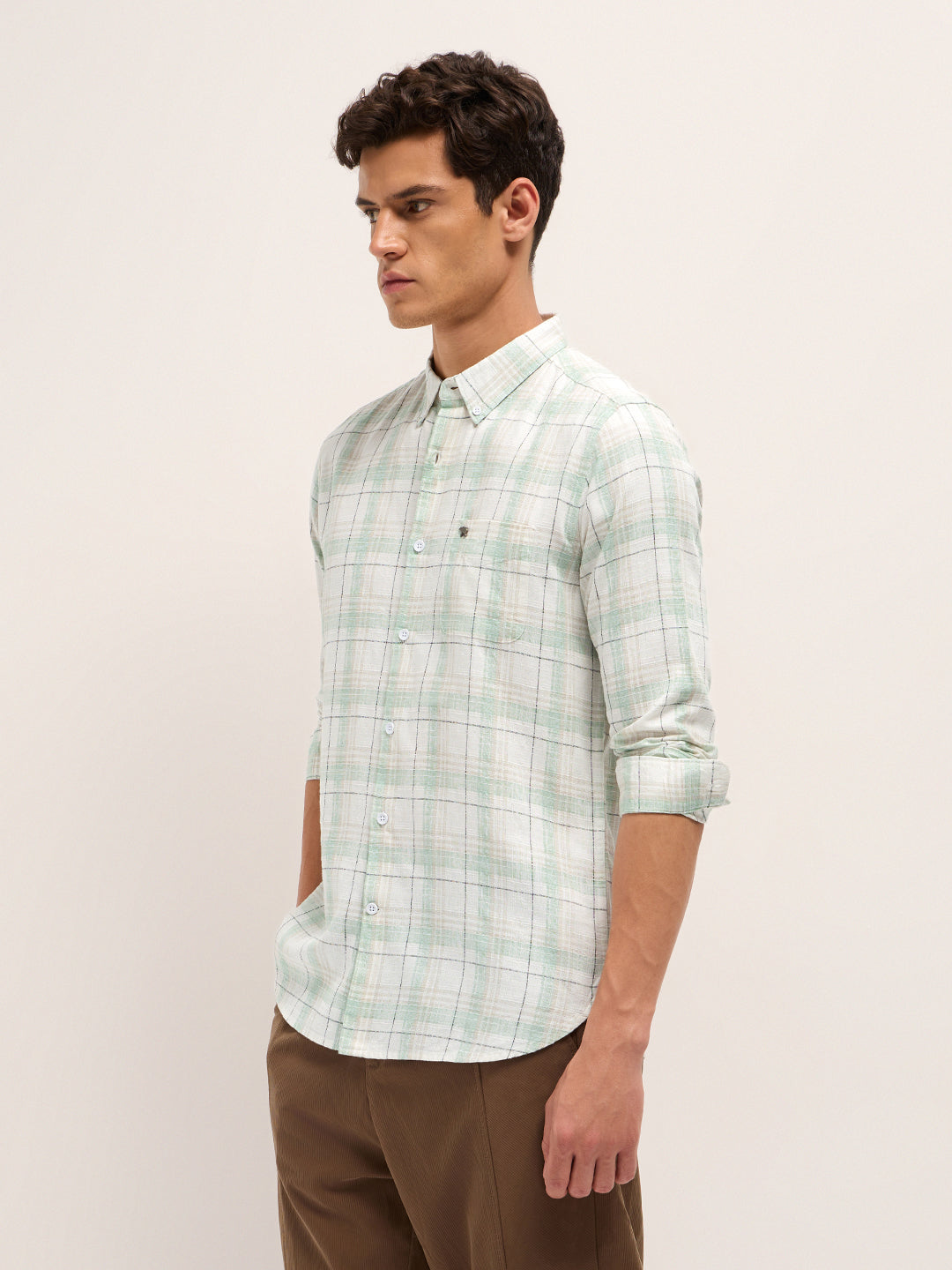 white & green woven check slim fit casual shirt white & green woven check slim fit casual shirt