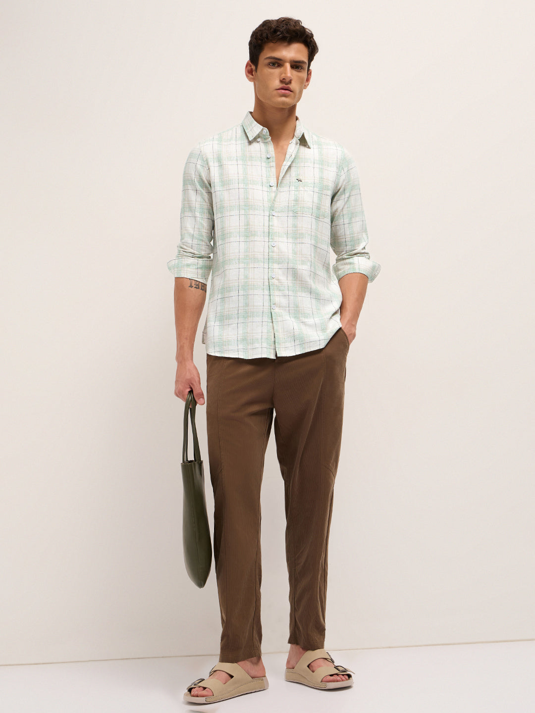white & green woven check slim fit casual shirt white & green woven check slim fit casual shirt