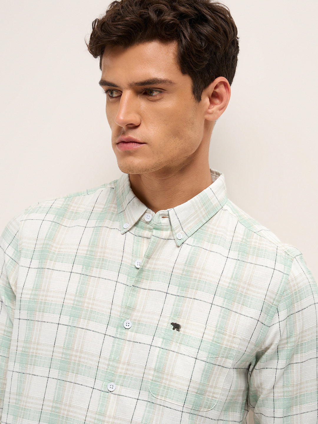 white & green woven check slim fit casual shirt white & green woven check slim fit casual shirt