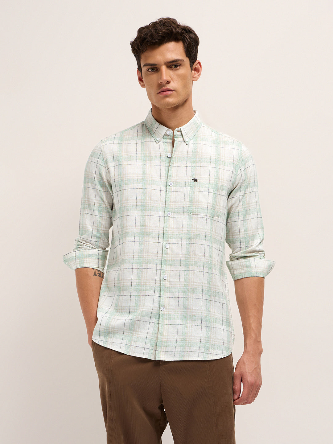 white & green woven check slim fit casual shirt white & green woven check slim fit casual shirt
