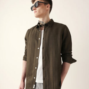 olive slim fit casual shirt with woven semi transparent vertical stripes