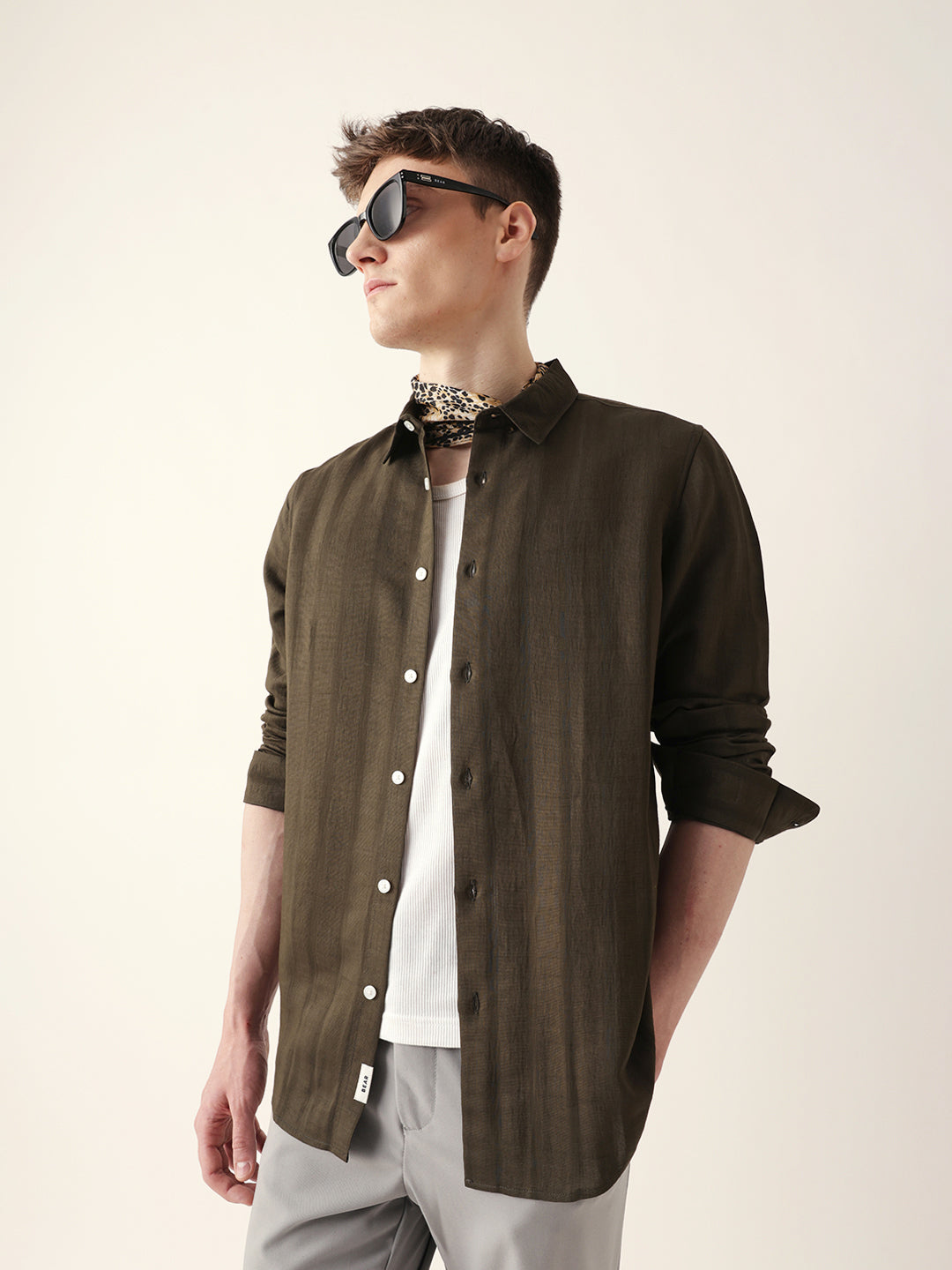 olive slim fit casual shirt with woven semi transparent vertical stripes olive slim fit casual shirt with woven semi transparent vertical stripes