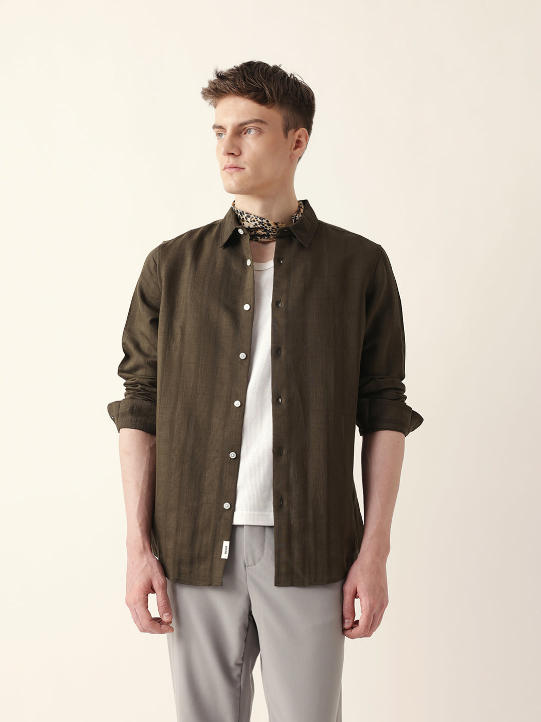 olive slim fit casual shirt with woven semi transparent vertical stripes olive slim fit casual shirt with woven semi transparent vertical stripes