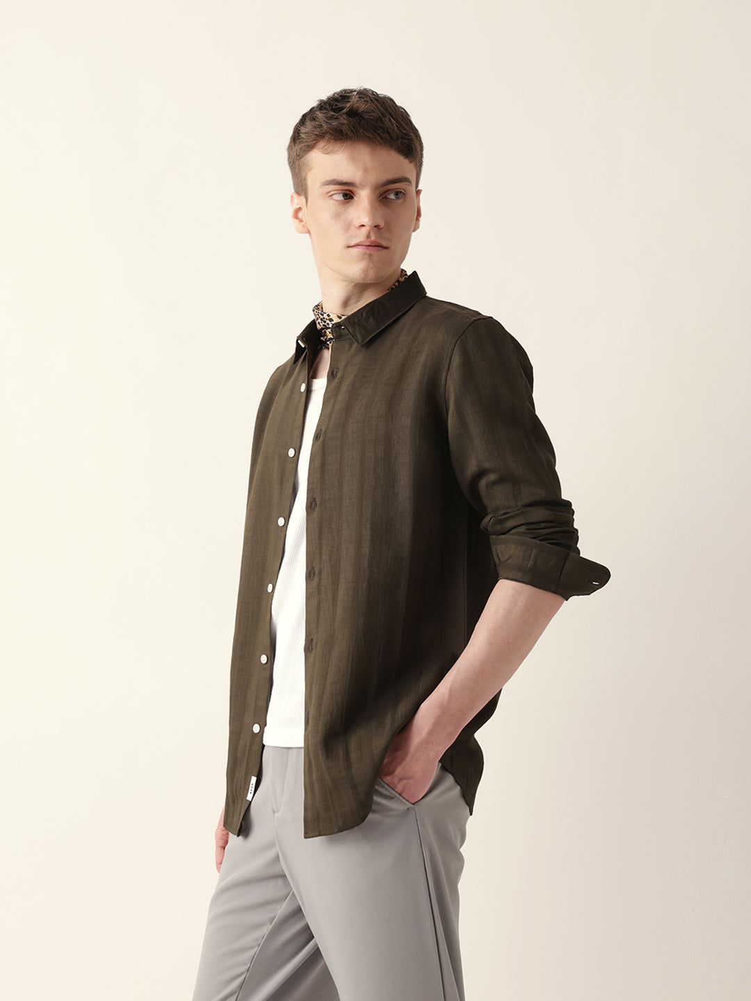 olive slim fit casual shirt with woven semi transparent vertical stripes olive slim fit casual shirt with woven semi transparent vertical stripes