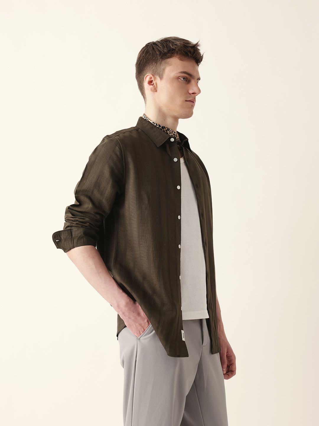 olive slim fit casual shirt with woven semi transparent vertical stripes olive slim fit casual shirt with woven semi transparent vertical stripes