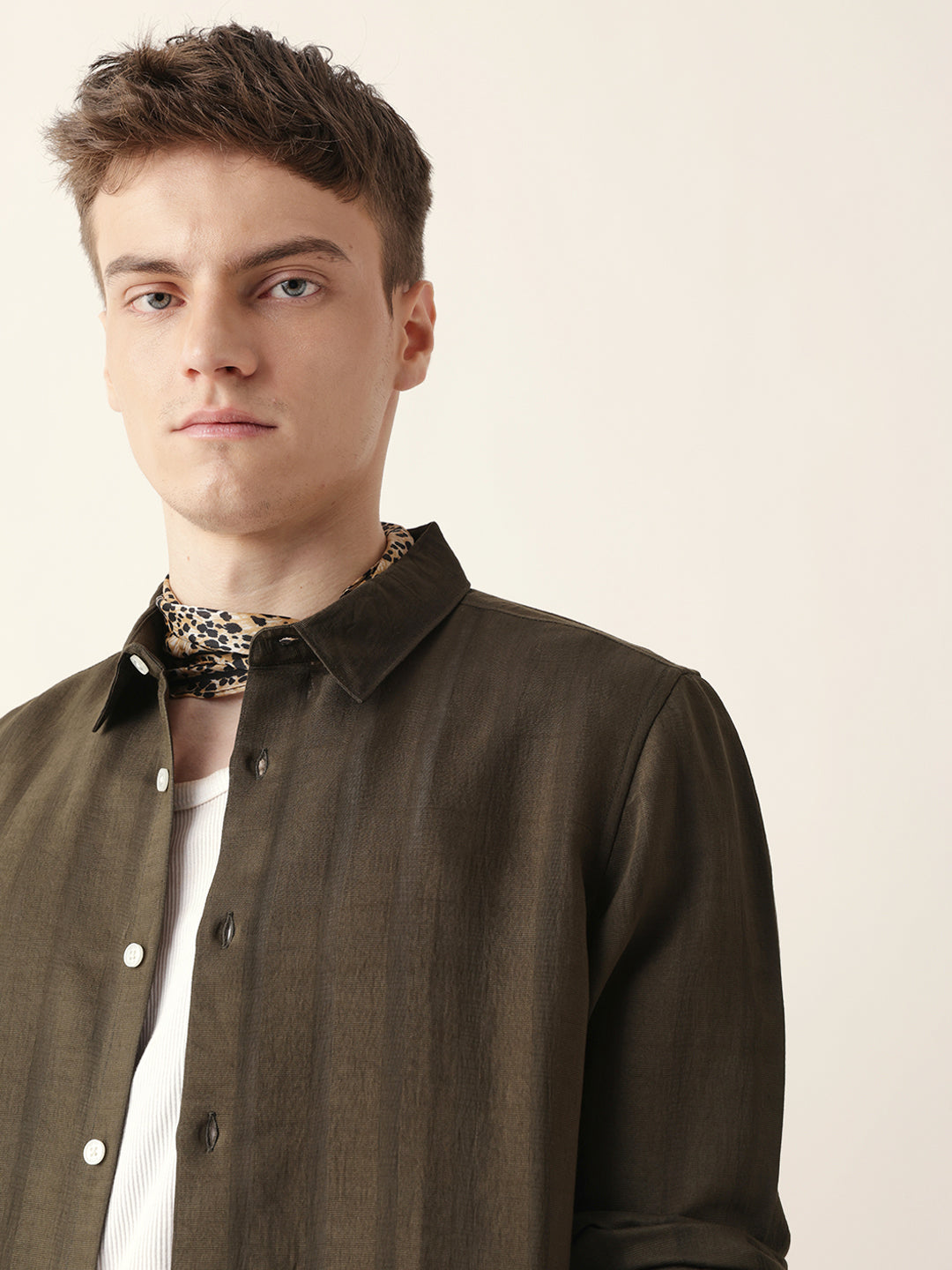 olive slim fit casual shirt with woven semi transparent vertical stripes olive slim fit casual shirt with woven semi transparent vertical stripes