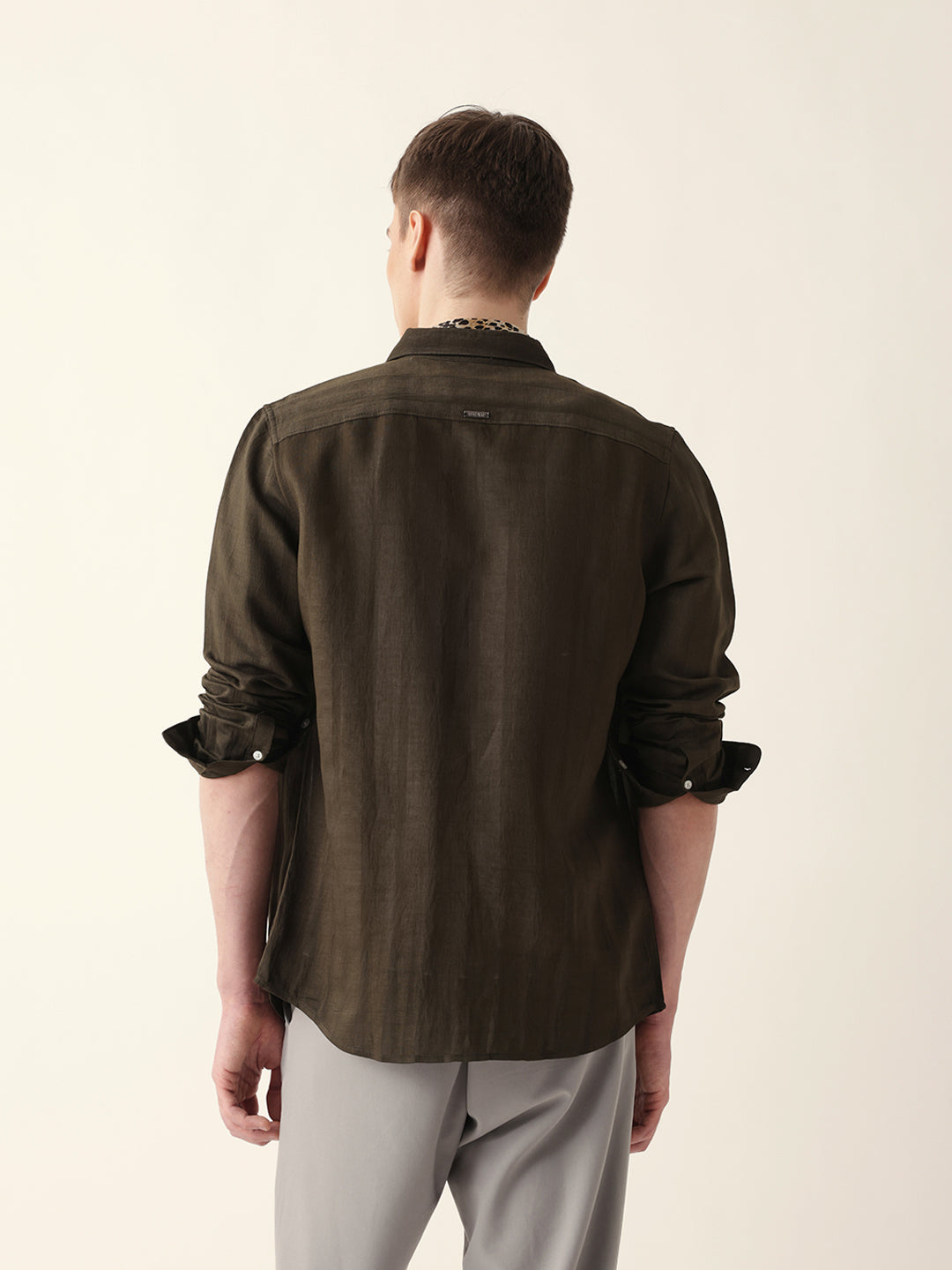 olive slim fit casual shirt with woven semi transparent vertical stripes olive slim fit casual shirt with woven semi transparent vertical stripes