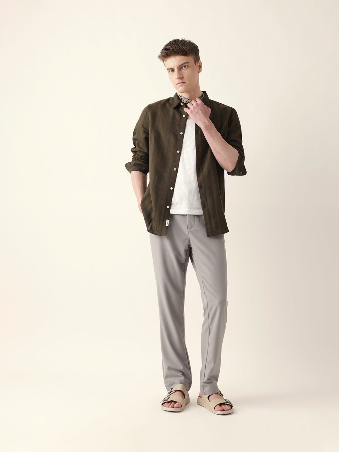 olive slim fit casual shirt with woven semi transparent vertical stripes olive slim fit casual shirt with woven semi transparent vertical stripes