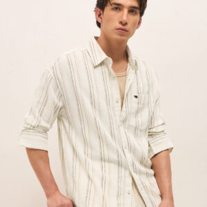 cream woven vertical stripes relax fit casual shirt