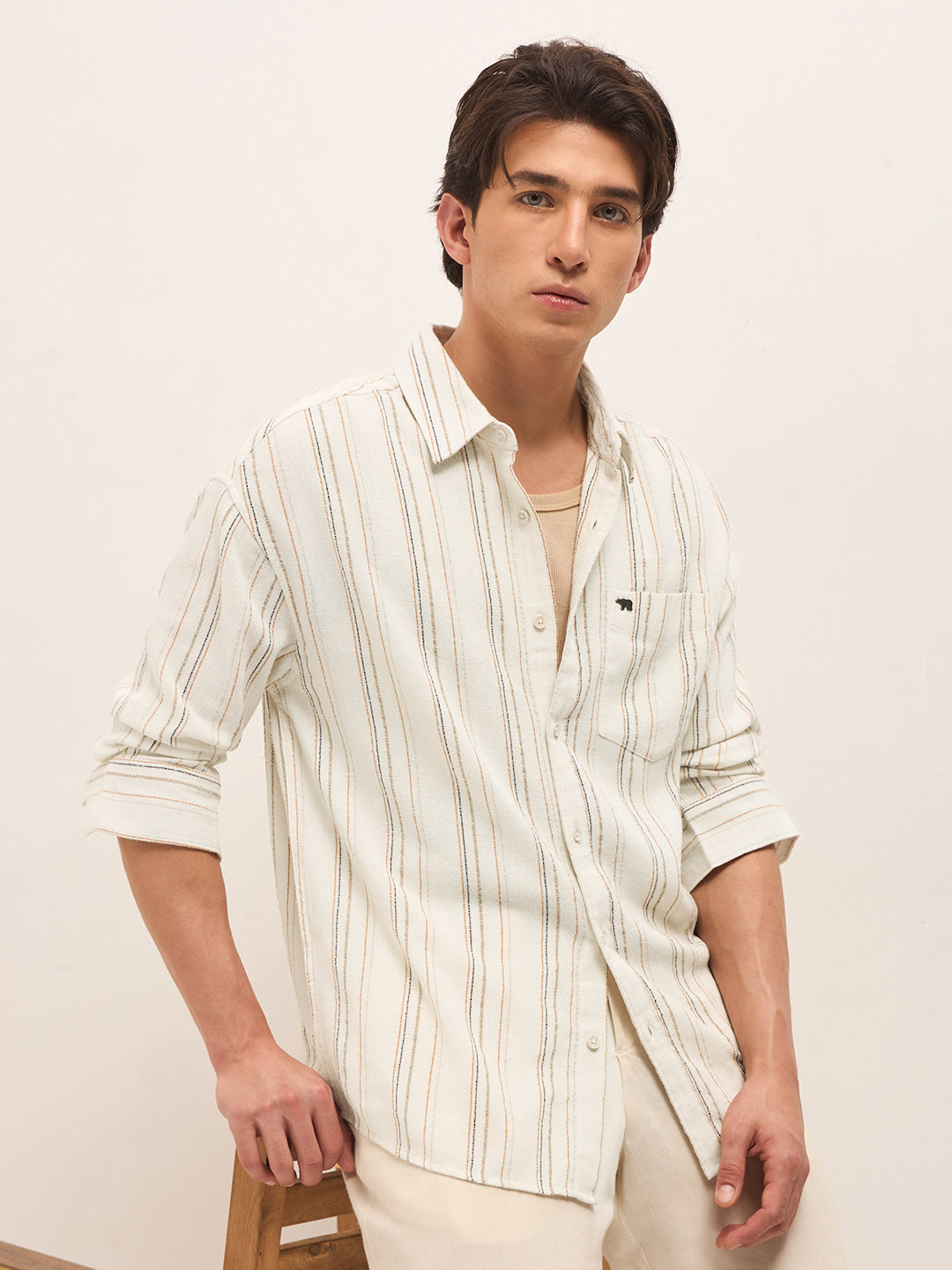 cream woven vertical stripes relax fit casual shirt cream woven vertical stripes relax fit casual shirt
