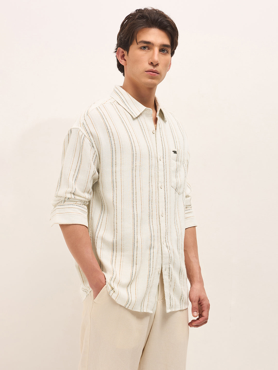cream woven vertical stripes relax fit casual shirt cream woven vertical stripes relax fit casual shirt
