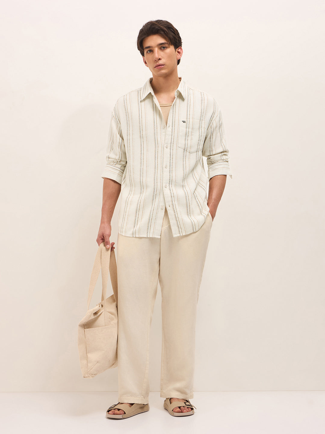 cream woven vertical stripes relax fit casual shirt cream woven vertical stripes relax fit casual shirt