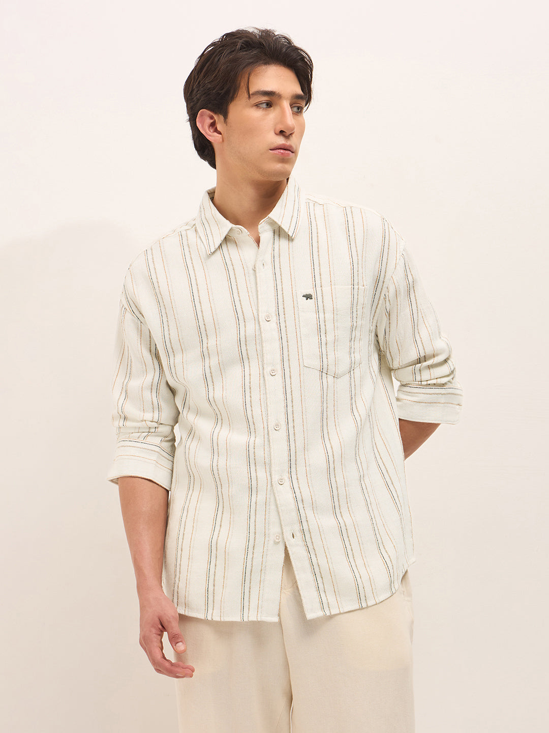 cream woven vertical stripes relax fit casual shirt cream woven vertical stripes relax fit casual shirt
