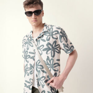 teal floral motif print relaxed fit half sleeve casual shirt