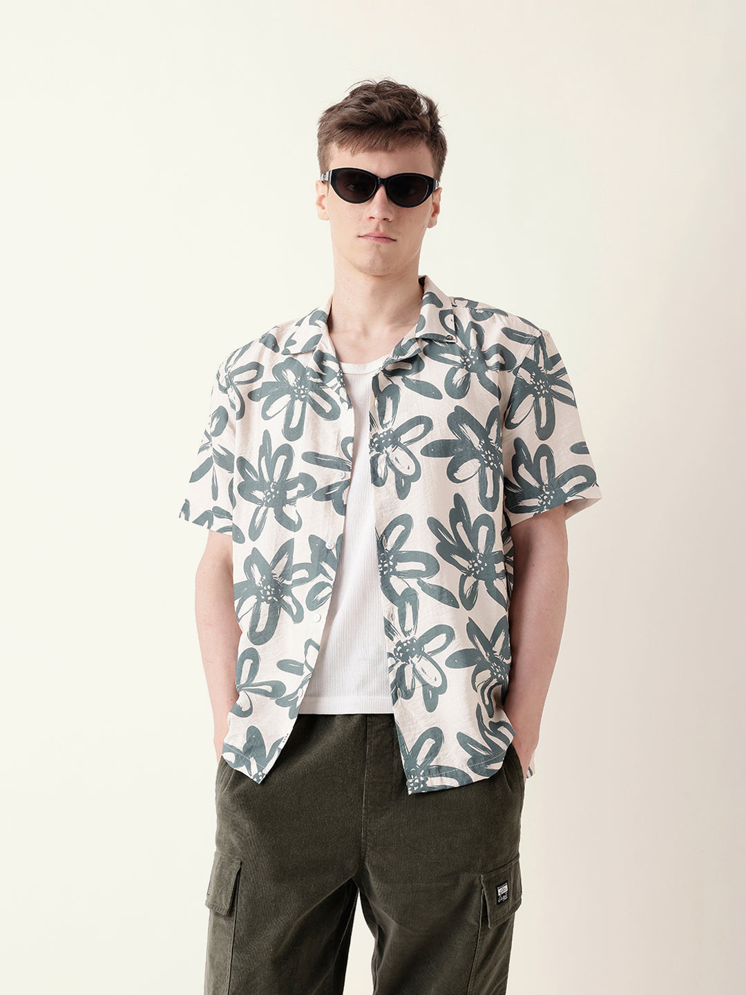 teal floral motif print relaxed fit half sleeve casual shirt teal floral motif print relaxed fit half sleeve casual shirt