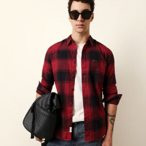maroon & black checked flannel slim fit casual shirt