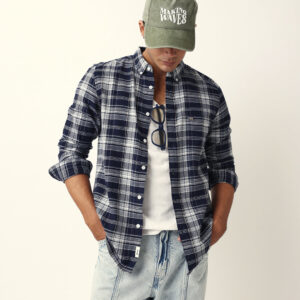 navy blue woven tartan checked slim fit casual shirt