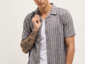 brown linen vertical textured stripe relaxed fit half sleeve casual shirt