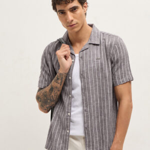 brown linen vertical textured stripe relaxed fit half sleeve casual shirt