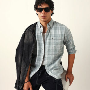 light green & white woven checked slim fit casual shirt