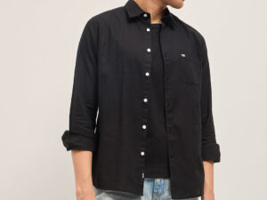 black cotton linen slim fit solid casual shirt