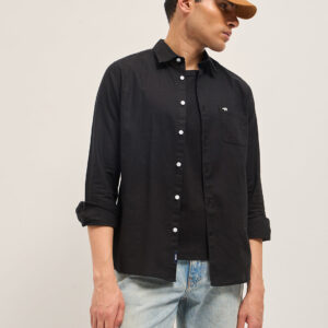 black cotton linen slim fit solid casual shirt