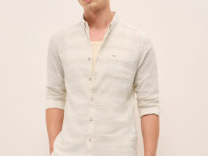 beige slim fit casual shirt with woven horizontal textured stripes
