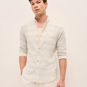 beige slim fit casual shirt with woven horizontal textured stripes
