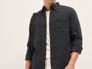 black woven design cotton blend slim fit casual shirt