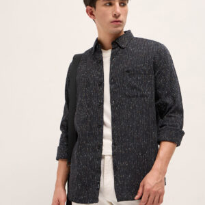 black woven design cotton blend slim fit casual shirt