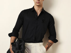 black tailored fit formal party shirt with elegant crest embroidery
