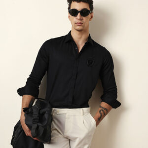 black tailored fit formal party shirt with elegant crest embroidery