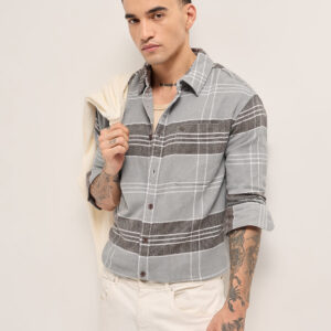 grey woven checkered relaxed fit casual shirt