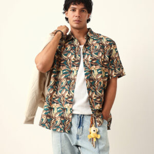 multicolor tropical leaf printed relax fit resort shirt