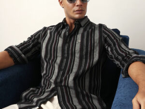 black vertical woven stripe slim fit casual shirt
