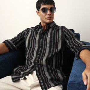black vertical woven stripe slim fit casual shirt