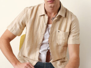 beige vertical stripe dobby woven regular fit casual shirt